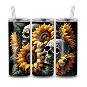 Vibrant Black Gothic Skull with Sunflowers